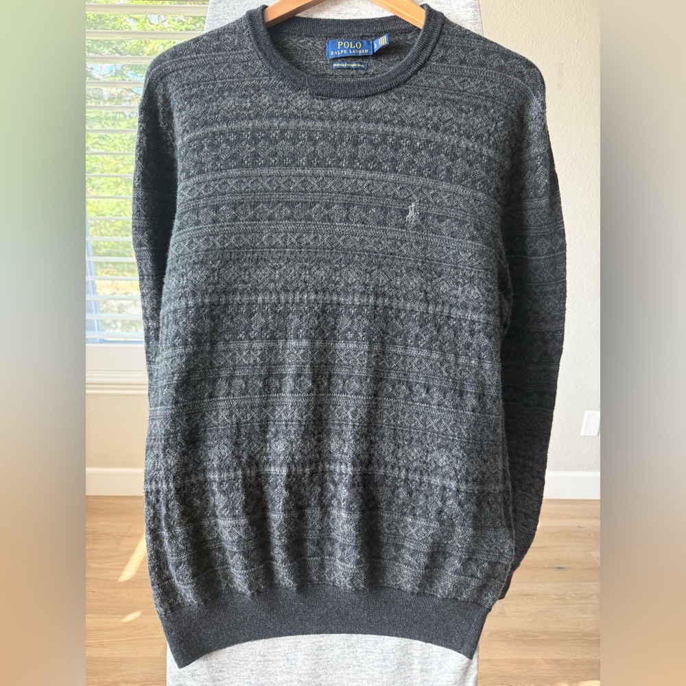 Polo Ralph Lauren 100% Merino Wool Geometric Sweater Gray Crew Neck L EUC